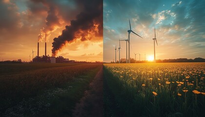 A sidebyside comparison of a polluted coal plant with dark smoke and a clean energy field with wind turbines under bright skies