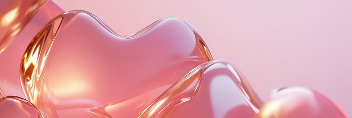 Poster - Soft and dreamy Valentine's Day horizontal greeting banner background with empty copy space with overlapping translucent hearts in shades of pink red on soft gradient background gentle, glowing effect