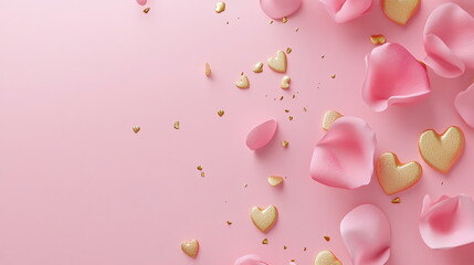 Fototapete - Soft pastel Valentine's Day horizontal greeting card template with empty copy space with a delicate pink and white gradient, decorated with small candy hearts and rose petals for playful yet romantic