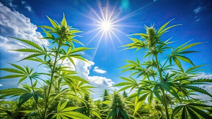 Wall Mural - Silhouette of cannabis plants growing under bright blue sky