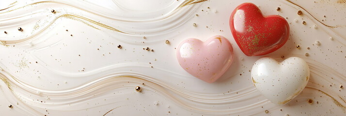 Poster - Sweet Valentine's Day horizontal social media template with empty copy space with heart-shaped candies in pink, red, and white on a soft cream background, accented delicate swirls subtle gold sparkles