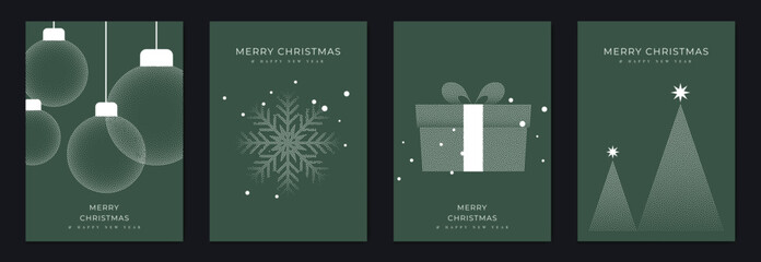 Merry Christmas and Happy New Year greeting card vector set. Luxury invitation with Christmas tree, snowman, bauble, spot texture on navy blue background. Design illustration for season's card, ads.