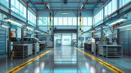 Aufkleber - Testing area for finished vehicles in a modern lab with efficient workspace and bright lighting. Generative AI