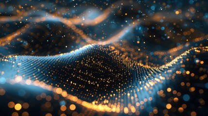 Poster - golden particles flowing and glowing like a futuristic big data stream in digital cyberspace, creati