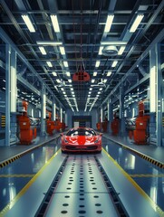 Poster - Finished cars undergo precision testing in a high tech lab environment designed for performance evaluation and quality assurance. Generative AI