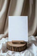 Canvas Print - A blank white card positioned upright on a wooden photo holder, with soft curtains in the background.