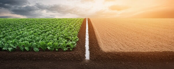 Wall Mural - A vibrant split between lush green crops and dry soil under a dramatic sky, symbolizing agricultural contrast and the impact of climate.