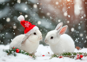 Wall Mural - snow rabbits in christmas outfit outdoor in snow landscape