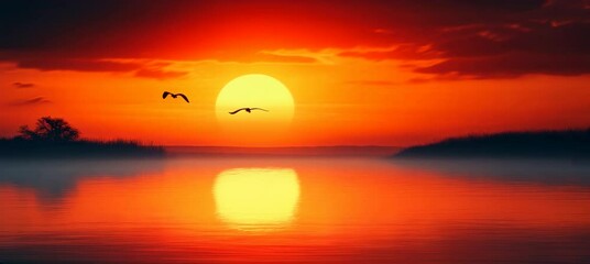 Wall Mural - sea ocean evening dawn sunset landscape with bird silhouette. generative ai technology.