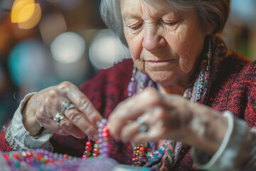 Senior woman threading colorful beads into jewelry, focused hands and thoughtful expression