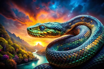 Wall Mural - Cool Snake Double Exposure Drawings: Surreal Art, Abstract Reptile, Mystical Serpent, Artistic Blend