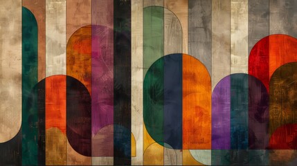 Poster - An arrangement of rounded, vertical shapes in various colors, including shades of brown, beige, green, and purple
