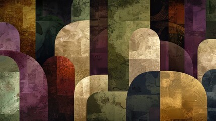 Poster - An arrangement of rounded, vertical shapes in various colors, including shades of brown, beige, green, and purple