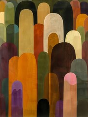 Poster - An arrangement of rounded, vertical shapes in various colors, including shades of brown, beige, green, and purple