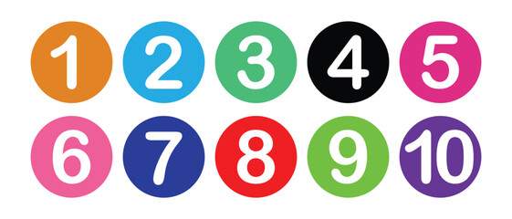 Fototapete - Number digit icon set. Typography set of round 1-10 numbers. Colourful number digit icons isolated on white background. Numbering logo for ui apps and websites. Vector illustration.