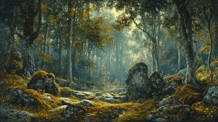 Wall Mural - Mystical forest path with mossy rocks and sunlight.