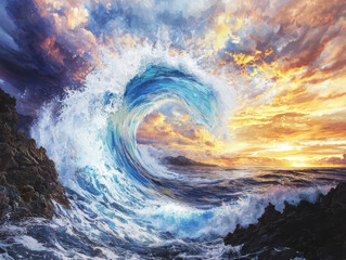 Poster - Vibrant ocean wave artwork coastal sunset digital painting serene environment dynamic perspective nature inspired modern art