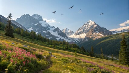 Wall Mural - birds flying over colorful meadows and lush forests in mount assiniboine provincial park, showcasing
