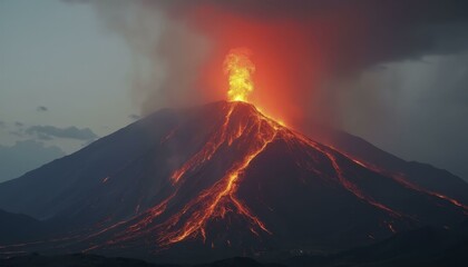 active volcano erupting with lava flowing down its sides and ash cloud rising