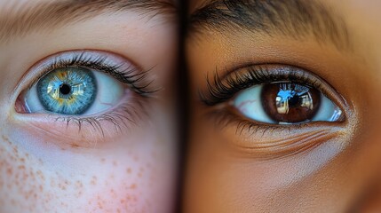 Wall Mural - Interaction between people with different appearances and cultural backgrounds. Close-up of the face and eyes of two people with different appearances. Friendship between people and nations.