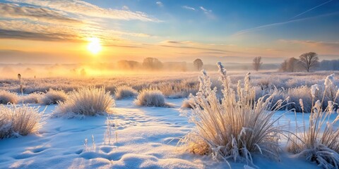 Wall Mural - snow covered landscape at sunrise with frosty grasses and misty horizon