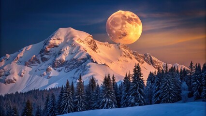 Wall Mural - snow covered mountain landscape during dusk with full moon