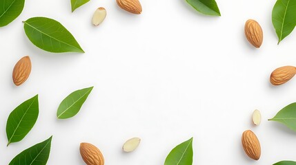 Canvas Print - Almonds and leaves arranged in a frame on white background.