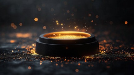 magical black podium with golden glowing particles and sparkles on dark background