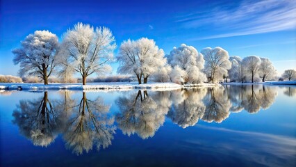 Wall Mural - snow-covered trees reflected in a pond under a blue sky