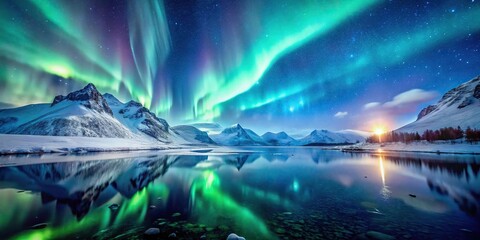snowstorm in icy landscape with aurora borealis reflection on mountain lake