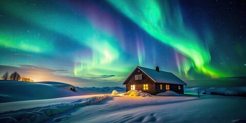 Wall Mural - snowy landscape with cozy house silhouette illuminated by northern lights