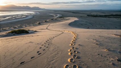 Wall Mural - footprints tracing a path down a sand dune lead toward a vast salt flat during sunset, creating a se
