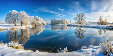 Wall Mural - snowy winter landscape, frozen lake, countryside, symmetrical composition, cold weather