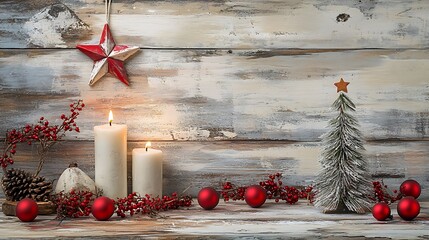 Canvas Print - Rustic Christmas scene with candles, ornaments, and pine cones on weathered wood.