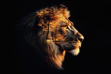 Majestic Lion Profile with Autumnal Landscape Overlay