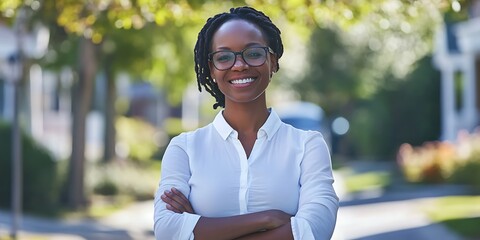 Portrait of female community organizer standing confidently in neighborhood, advocating for change