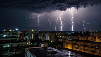 Poster - Spectacular thunderstorm with bright flashes and heavy rain in nocturnal urban scene, 8k Resolution 