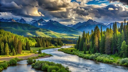 Wall Mural - soothing mountain vista with river, trees, clouds