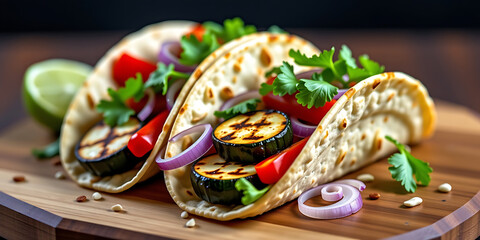Wall Mural - Grilled Vegetable Tacos - Soft tortillas filled with grilled vegetables like zucchini peppers and onions. backdrop background digital art crisp oilpinting minimalist sharp details funny background c
