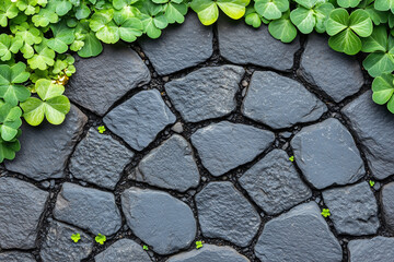 Wall Mural - Saint Patrick’s Day background with greenery on a stone table with copy space.