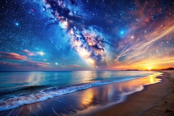 Wall Mural - spectacular view of outer space meeting tranquil ocean shore