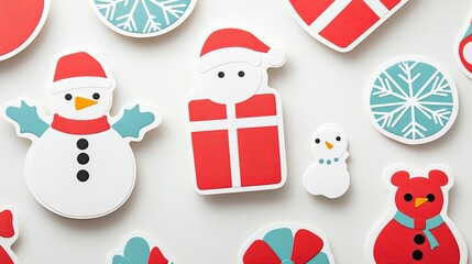 Poster - A variety of Christmas stickers, from presents to snowmen, placed on a plain white surface.