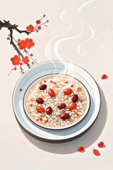 Wall Mural - Steaming bowl of red bean rice porridge with goji berries, served on a plate, adorned with a plum blossom branch.