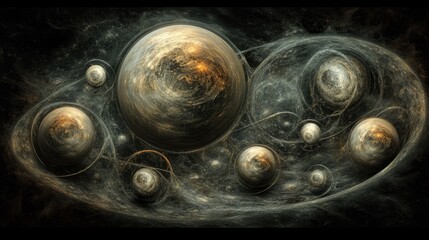 Poster - A vivid, dynamic fusion of digital spheres, cubes, and lines in a multi-dimensional space.