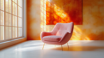 Poster - A pink chair is sitting in front of a window with a painting on the wall