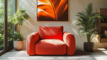 Poster - A red couch is in a room with a large painting of a leaf on the wall
