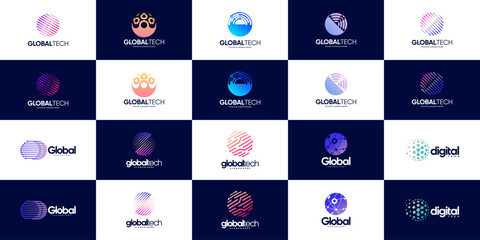 collection of modern technology global logos, network connections, digital services, vector graphic 