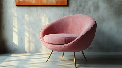 Poster - A pink chair is sitting in a room with a wall