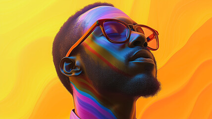 Poster - A man with glasses is looking up at a colorful background