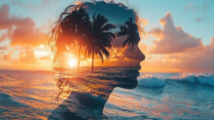 Poster - Aesthetic perspective surfer's silhouette with ocean beach double exposure art